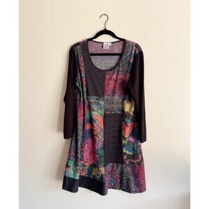 Parsley & Sage Black + Pink Abstract Art to Wear Artsy Lagenlook Dress - Medium